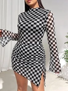 SHEIN EZwear 大尺碼女款格子立領長袖修身時尚洋裝 秋季 - 黑與白 - 查看 4