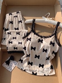 Comfortcana Women's Lace Patchwork Bow Pattern Camisole Top And Long Pants 2 Pieces Set - Multicolor - View 5