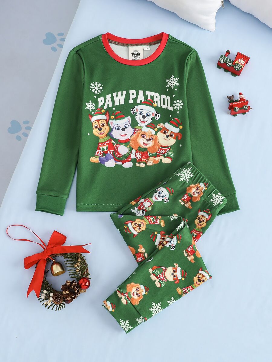 SHEIN | PAW Patrol 小男孩卡通印花長袖上衣與內搭褲居家服套裝 - 綠色 - 查看 1