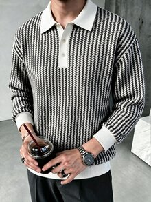 TONEVAULT Men's Striped Polo Collar Long Sleeve Casual Sweatshirt - Black and White - View 6