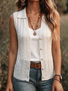 RosyDaze European Style Elegant Cable Knit Vest For Women, V-Neck Pearl Button Sleeveless Top With Collar, Versatile Commuter Wear - White - View 5