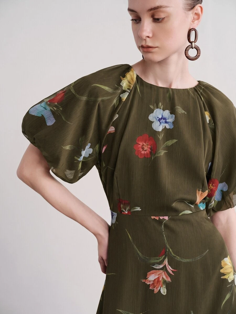 Aveloria Modichic Women's Chiffon Colorful Floral Print Raglan Sleeve Round Neck Short Sleeve Cinched Waist Elegant Long Dress - Dark Green - View 1