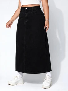 Rivivi Plus Size Casual Denim Skirt, Autumn - Black - View 5