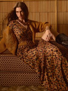 MOTF STUDIO WOMEN'S AUTUMN/WINTER LEOPARD PRINT V-NECK FRONT SLIT TEA BREAK ELASTIC LONG DRESS - Multicolor - View 1