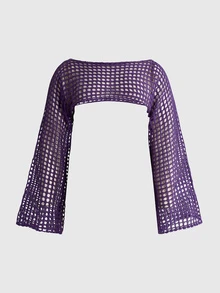 ROMWE Grunge Punk Plus Size Ultra Cropped Crochet-Style Hollow Knit Sweater - Purple - View 1