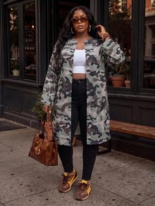 Slaydiva Plus Size Autumn Casual Cowgirl Camouflage Print Jacket Fall Travel Office Olive Green - Green - View 6