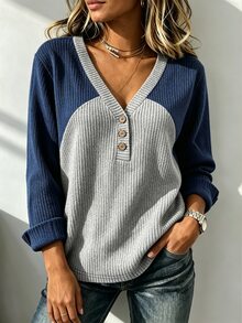 Holdful Holdful ملابس علوية نسائية محبوكة مضلعة بألوان متباينة، تي شيرت محبوك بأكمام طويلة كاجوال للمكتب والتنقل - رمادي - مشاهدة 3