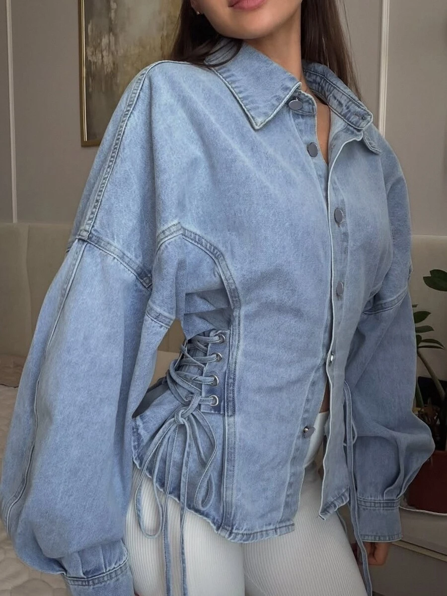 Livesso Women's Tie-Front Design Casual Daily Denim Top Fall - Blue - View 1