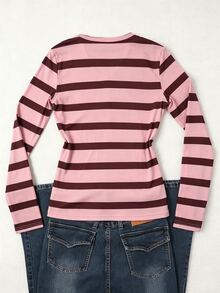 IslaSuriya Striped Letter Print Button Half Placket Long Sleeve Top - Pink - View 2