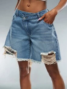 Denimoi Celana Pendek Denim Kasual Wanita untuk Sehari-hari dengan Saku, Kancing, dan Ujung Berumbai - Medium Wash - View 2