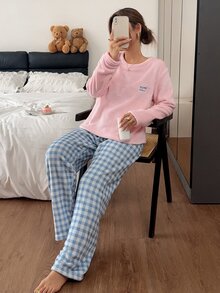 Napfluff Pullover Flanel Warna Polos, Celana Lengan Panjang Motif Kotak-kotak, Pakaian Santai - MultiWarna - View 5