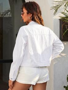 Flexra Plus Size Women's Long Sleeve Single-Breasted Casual Versatile Denim Jacket - White - View 2