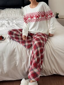 Napfluff Fleece Ribbed Top & Long Fur Red Plaid Pants Casual Cuffed Women's Pajama Set - Apricot - View 6