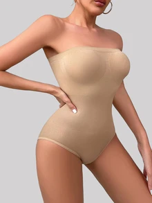 SHAPORA 女款純色無縫抹胸連身塑身衣 - 杏色 - 查看 4