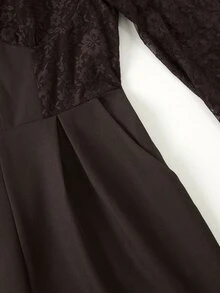SHEIN جمبسوت نسائي أنيق بلون موحد مع دانتيل متباين وأكمام طويلة وجيب أمامي بسحاب - قهوة بني - مشاهدة 4
