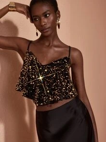 JIAN LASALA Black And Golden Adjustable Strap Sequin Loose Short Top Casual Elegant Party Vacation - Black and Gold - View 6