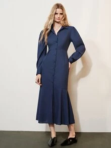 Aveloria Modichic Gaun Panjang Kasual Wanita Warna Polos untuk Sehari-hari di Musim Panas - Navy Blue - View 4
