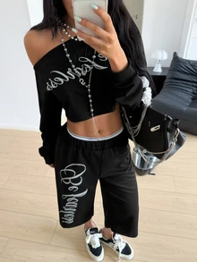 StreetHx Sexy Asymmetrical Shoulder T-Shirt And Capri Pants Street Style 2 Pieces Set - Black - View 3