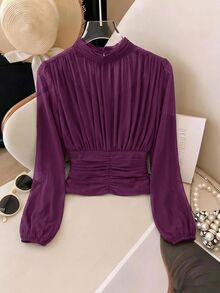 SHEIN Clasi 女款素色百褶休閒百搭日常穿著襯衫 - 紫色 - 查看 3