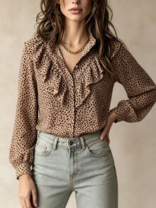 SHEIN 不對稱波點印花荷葉領長袖休閒百搭女款襯衫，秋季 - 卡其色 - 查看 4
