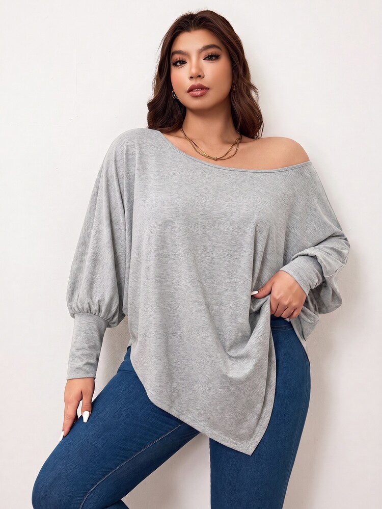 Enliva Plus Size Women Asymmetrical Hem Batwing Sleeve Solid Color Oblique Shoulder Loose Casual Top T-Shirtfall Clothes For Women,Winter,Valentine's Day, Love, Gift, Romance, Happy Valentine's Day,2026,New Year Outfit/2026 /New Year - Grey - View 5