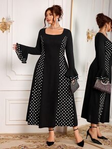Modelyn Plus Size Women's Fashion Elegant X-Silhouette Square Neck Long Sleeve Polka Dot Patchwork Autumn Long Dress - Black - View 6