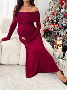 SHEIN Maternity Solid Color Off-Shoulder Casual Party Summer Dress - Red - View 3