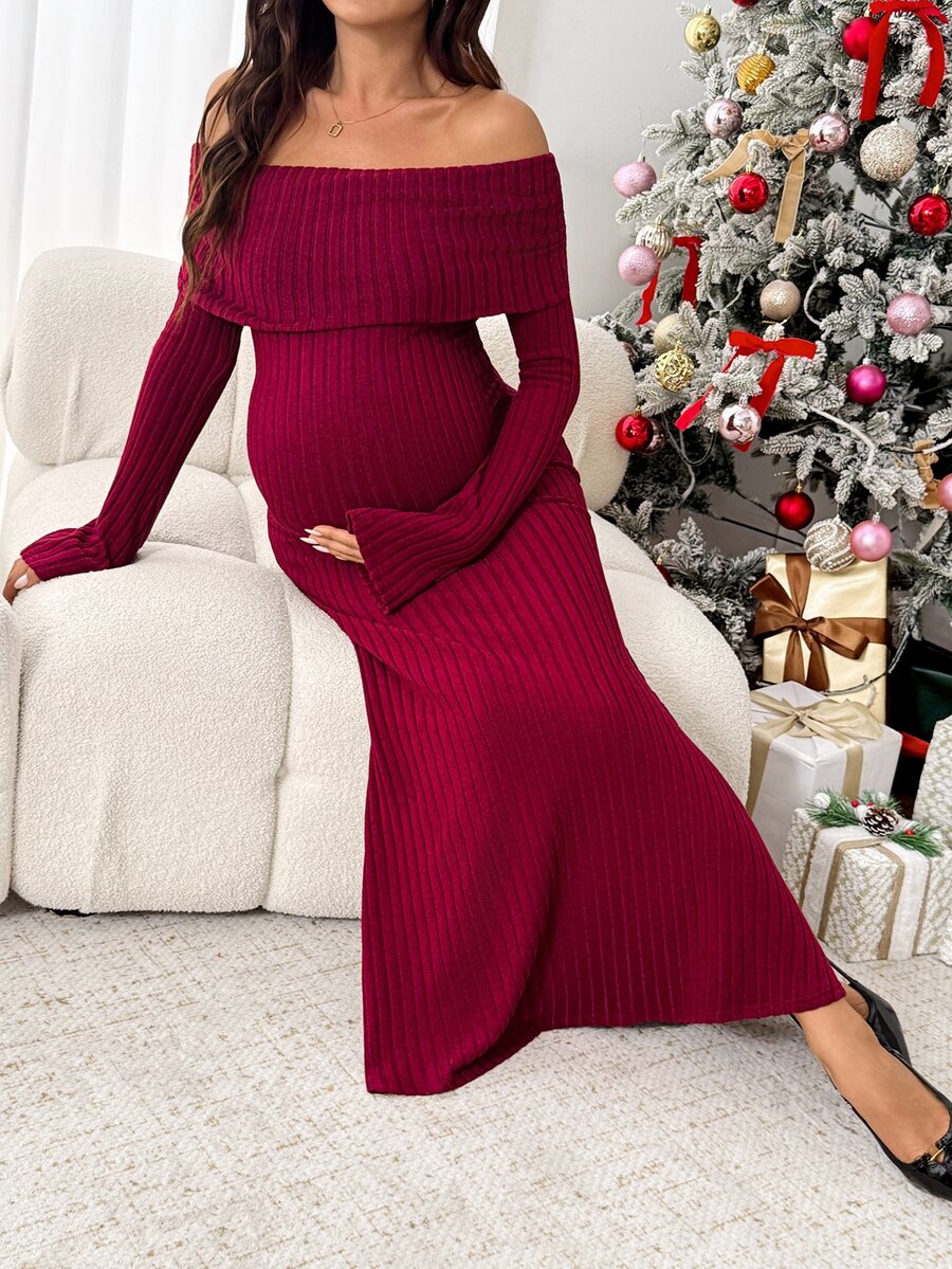 SHEIN Maternity Solid Color Off-Shoulder Casual Party Summer Dress - Red - View 1