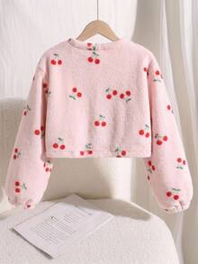 SHEIN 青少年女孩毛絨櫻桃印花休閒時尚可愛極簡風開襟外套，秋冬/四季穿著 - 粉色 - 查看 2