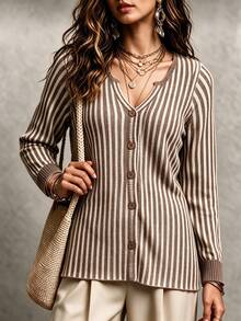 RosyDaze Women's Striped Dropped Shoulder Long Sleeve Single-Breasted Casual French Elegant Knit Cardigan Office Brown Striped Autumn - Coffee Brown - View 6
