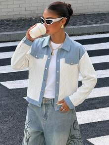 Livesso Women's Single-Breasted Colorblock Casual Daily Denim Jacket - Blue and White - View 6