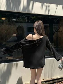 DAZY 女款韓系街頭風百搭長袖寬鬆T恤 - 黑色 - 查看 5
