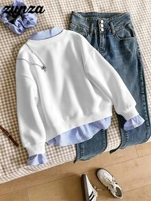 SHEIN Sparklyn Tween女孩大學休閒百搭通勤假兩件式領口襯衫領數位字母印花豹紋寬鬆運動衫 - 彩色 - 查看 2