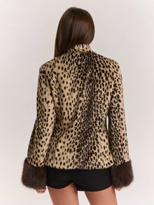 SHEIN BAE Women's Fashion Leopard Print Button Faux Fur Patchwork Cuff Overcoat - Multicolor - View 2