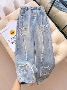 SHEIN Summer Jeans Girlism Y2K Decadent Punk Style Girl's Loose Star Patchwork Colorblock Wide Leg Denim Pants, School, Streetwear Autumn Winter - Blue - View 6