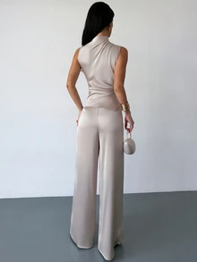 Firerie Apricot Satin Ruched Neck Sleeveless Asymmetrical Diagonal Cut High Waist Wide Leg Long Jumpsuit - Apricot - View 2