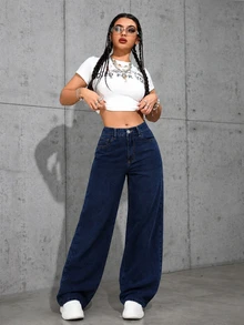 Jeanoix 女款高腰口袋寬腿寬鬆休閒牛仔褲 - 深色水洗藍 - 查看 6