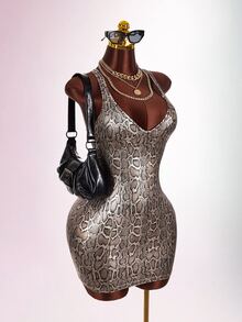 Amplova Women's Sexy Snake Print Bodycon Dress - Brown - View 5