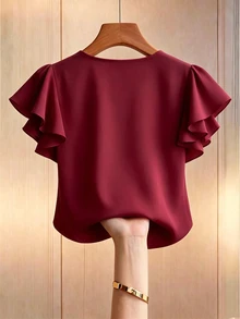 GlowEve CURVE Women's Plus Size Casual Summer Blouse With Faux Knit Decor, V-Neck And Ruffle Sleeves - Red - View 2