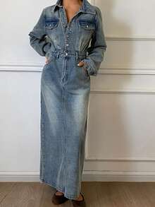 DAZY Autumn Women's Long Sleeve Collared Waist-Cinching Distressed Blue Casual Denim Maxi Dress - Medium Wash - View 1