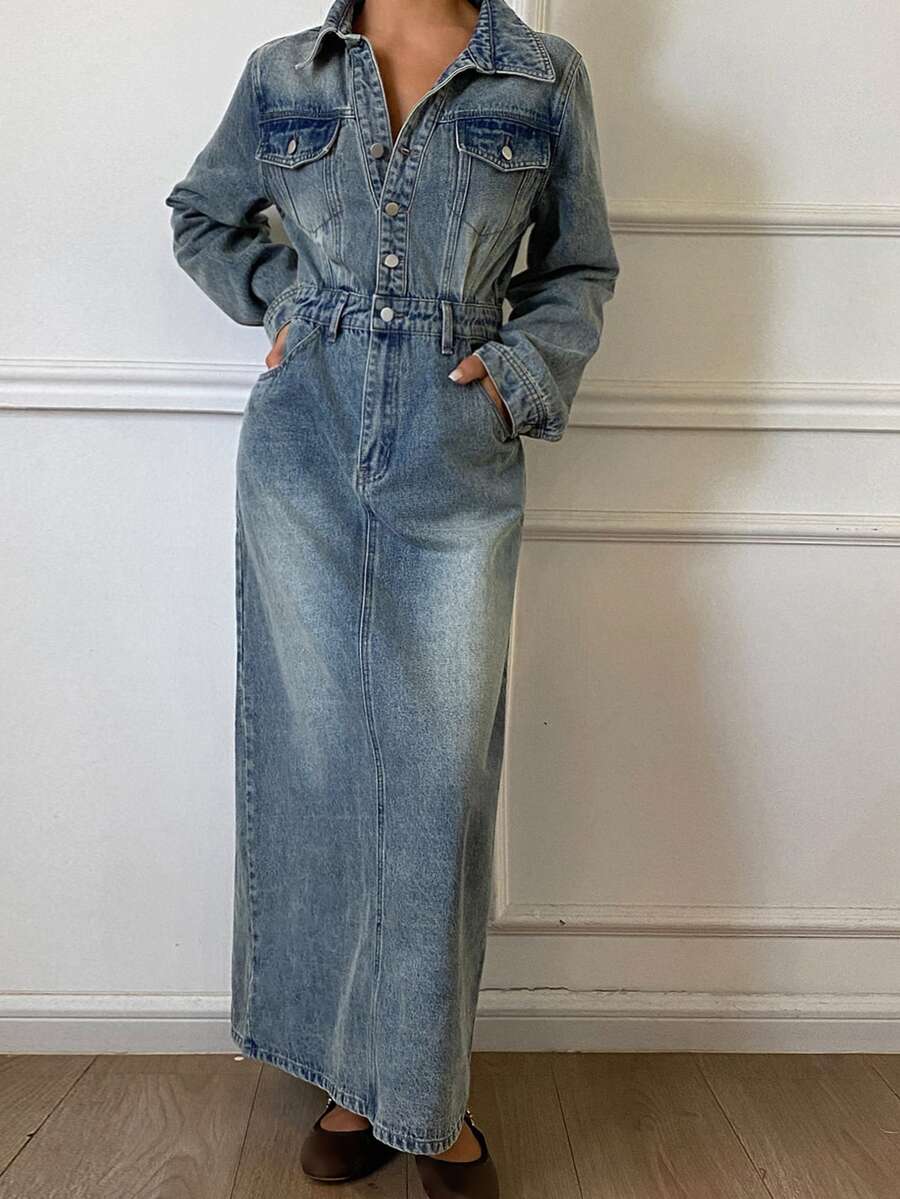 DAZY Autumn Women's Long Sleeve Collared Waist-Cinching Distressed Blue Casual Denim Maxi Dress - Medium Wash - View 1