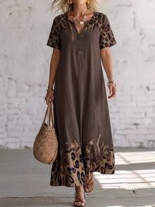 EMERY ROSE Gaun Panjang Kasual Wanita Gaya Boho Motif Leopard untuk Acara Brunch, Motif Leopard Abu-abu, Musim Gugur - Coklat - View 8