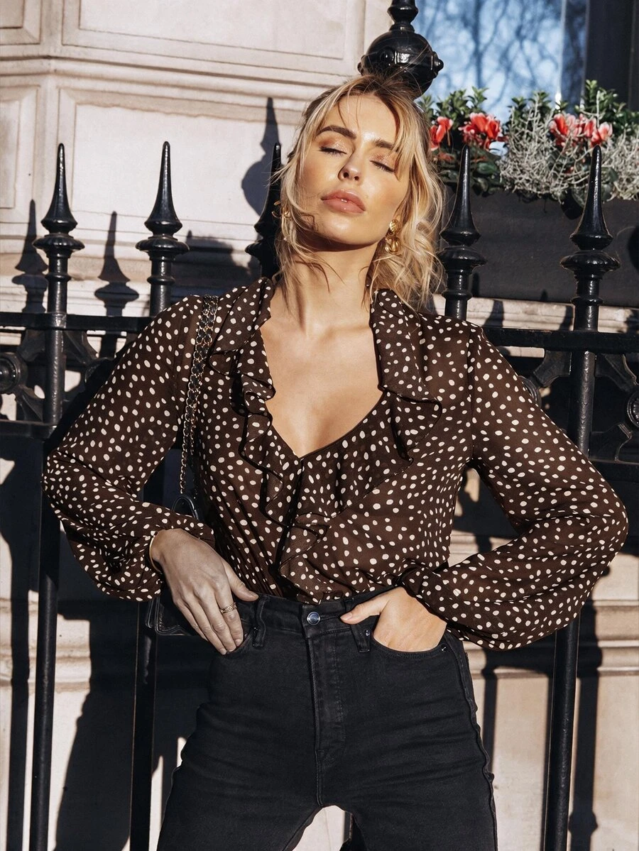 SHEIN Frenchy 女款波點印花燈籠袖時尚連身衣 - 棕色 - 查看 1
