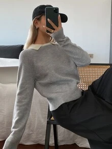 DAZY 女款拼接撞色寬鬆長袖領口休閒度假韓風日常秋冬針織毛衣 - 灰色 - 查看 6