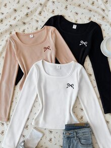 SHEIN Tween Girl Tween Girl Autumn/Winter New Casual Minimalist Comfortable Knit Fleece Solid Color Square Neck Long Sleeve T-Shirt 3pcs/Set - Multicolor - View 1