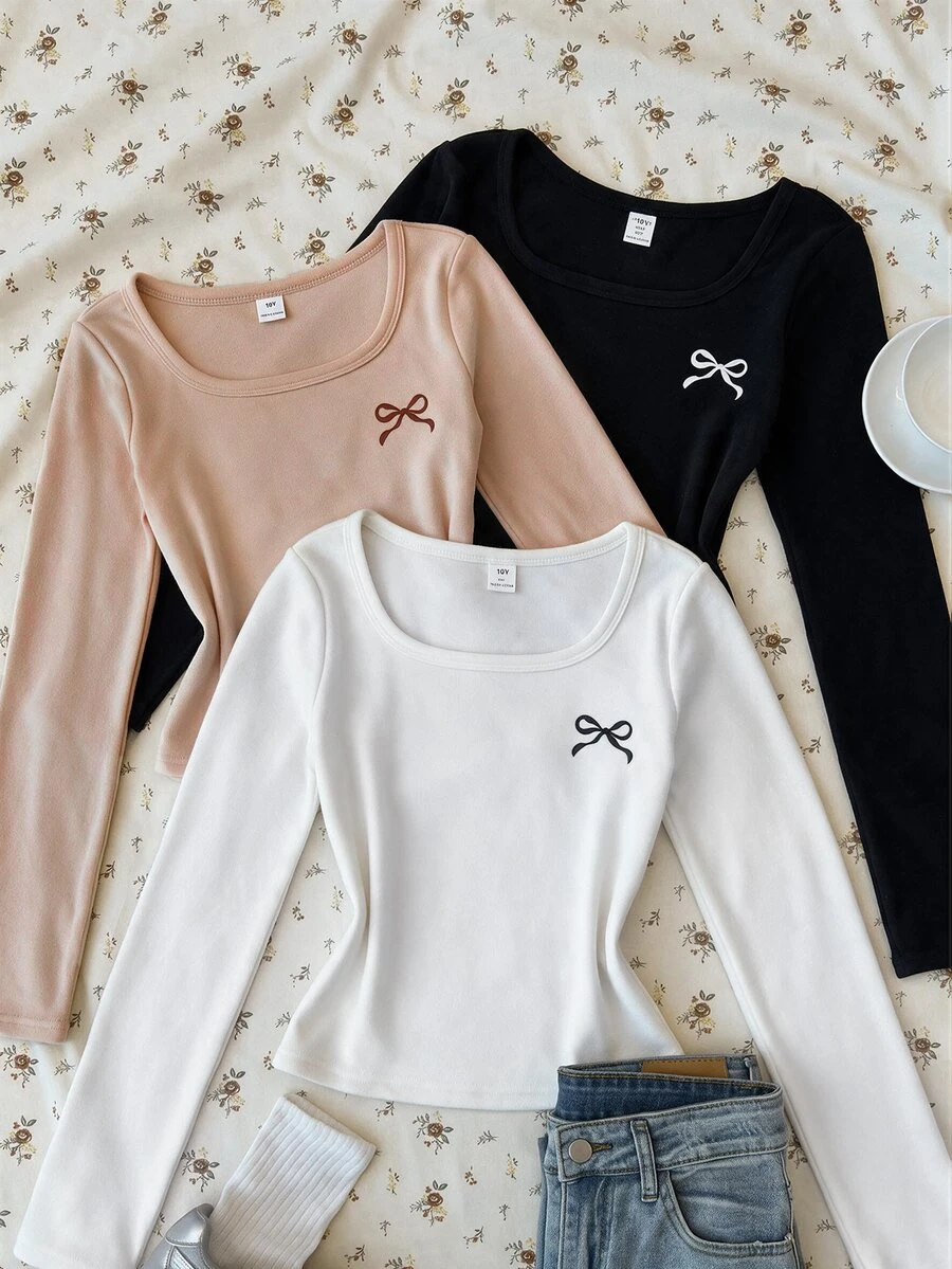 SHEIN Tween Girl Tween Girl Autumn/Winter New Casual Minimalist Comfortable Knit Fleece Solid Color Square Neck Long Sleeve T-Shirt 3pcs/Set - Multicolor - View 1