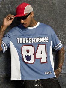 Transformers X SHEIN تي شيرت رجالي كاجوال يومي بأكمام قصيرة مطبوع عليه حروف وأرقام - ازرق ضبابي - مشاهدة 1