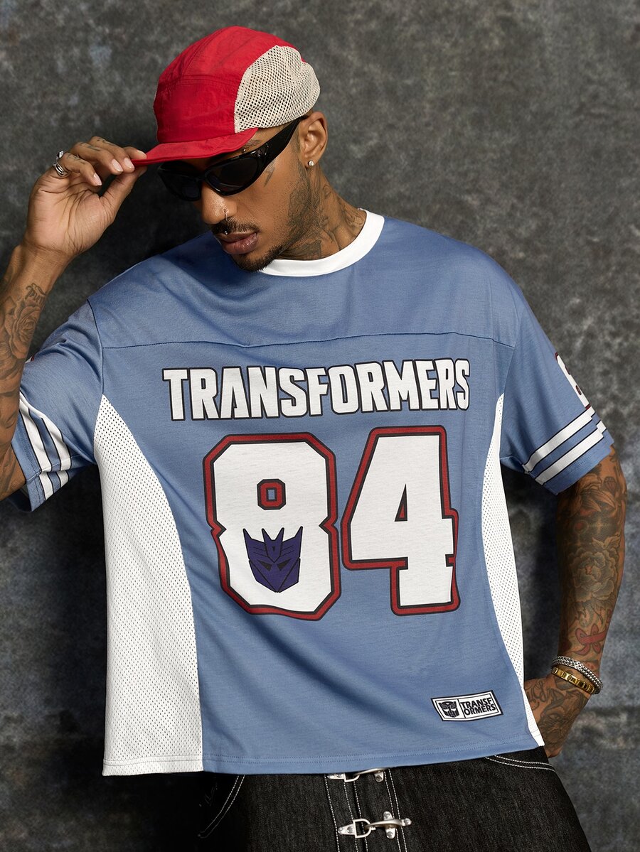 Transformers X SHEIN تي شيرت رجالي كاجوال يومي بأكمام قصيرة مطبوع عليه حروف وأرقام - ازرق ضبابي - مشاهدة 1