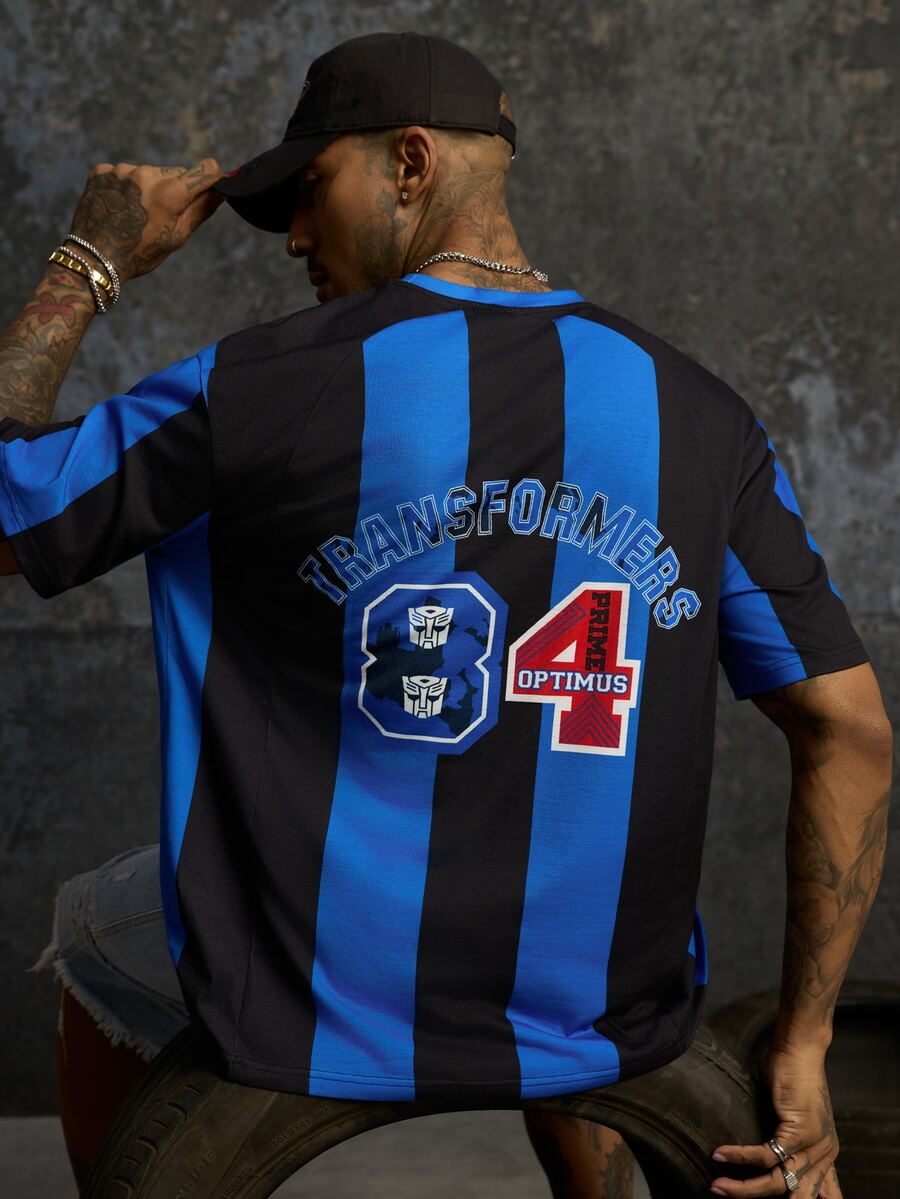 Transformers X SHEIN Men's Letter & Number Print Casual Daily Short Sleeve T-Shirt - BLUE AND BLACK - View 1