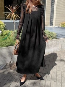 FRIFUL Women's Solid Color Pleated Round Neck Flutter Sleeve Loose Long Dress - Black - View 4